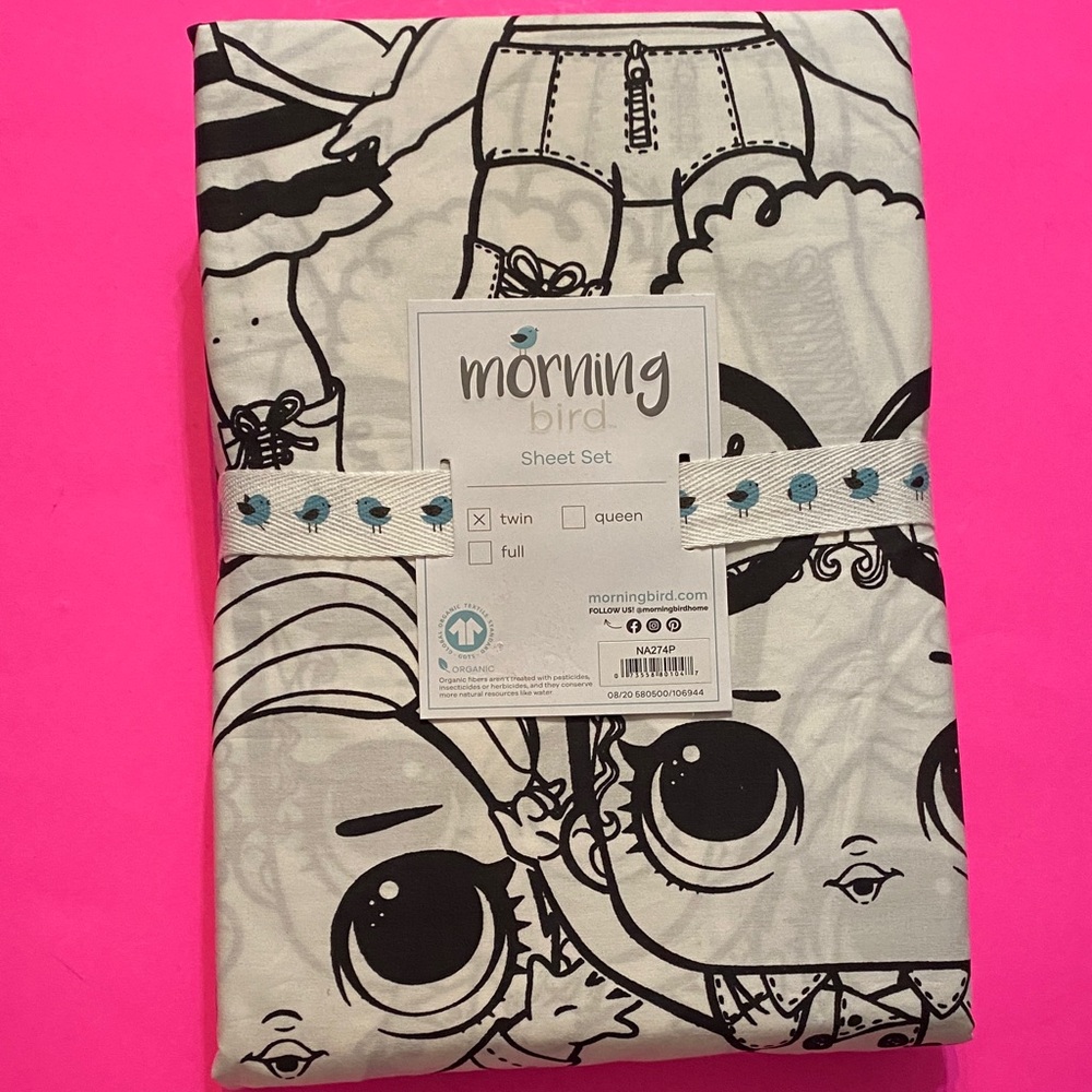 Organic Cotton L.O.L. Surprise Black & White 3-Piece Sheet Set 200-Thread Ct NWT